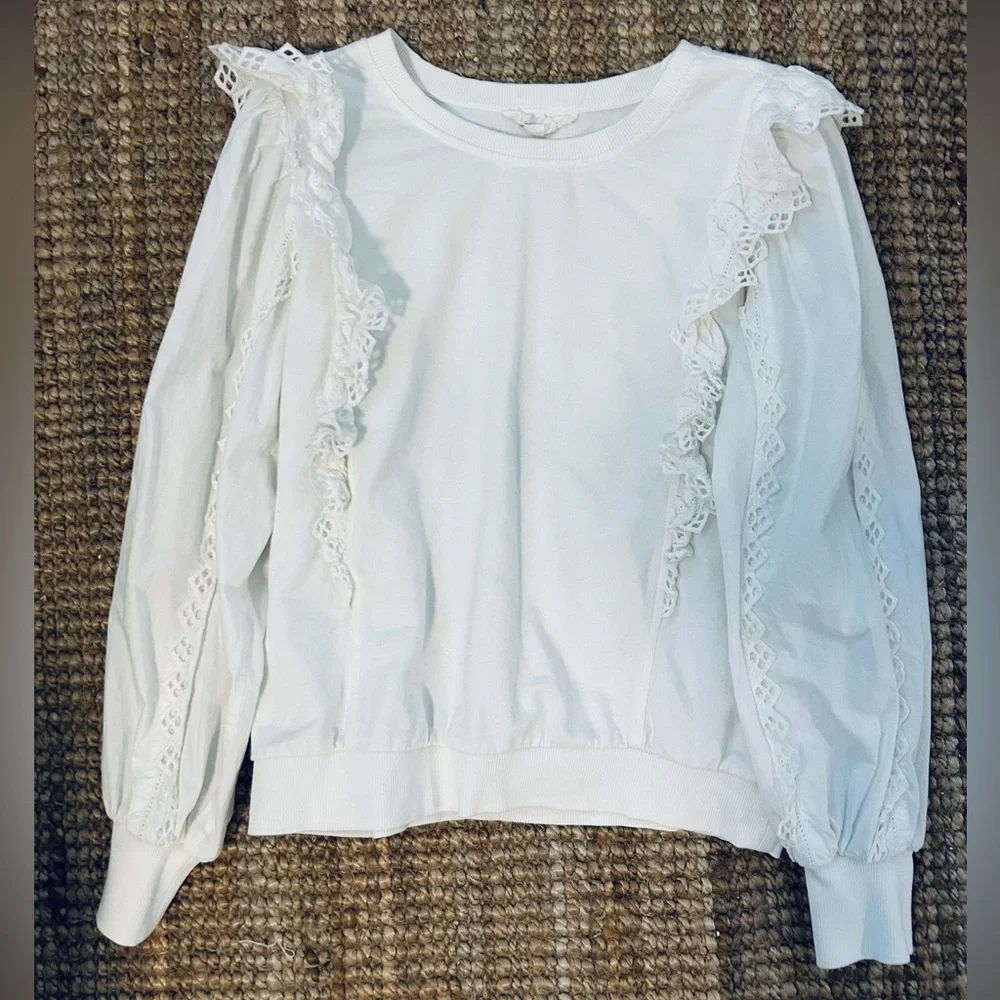 Anthropologie White Long Sleeve Lace-Trim Ruffle Top Medium
